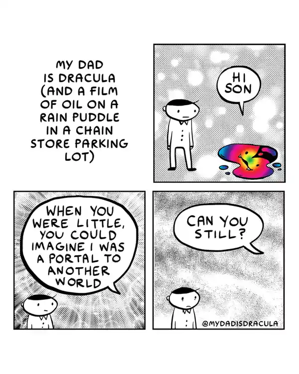 My Dad is Dracula: A Quirky Film Featuring Oil on a Rain Puddle in a Chain Store Parking Lot