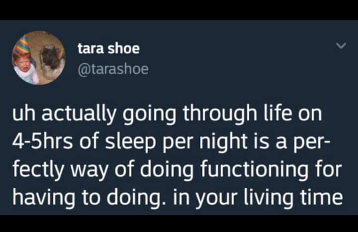 A screenshot of a tweet from user 'tara shoe' (@tarashoe) showing a dark blue background with white text. The text reads…