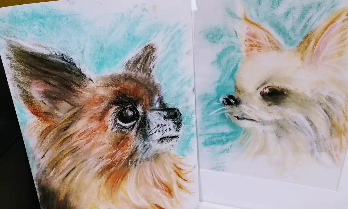 Two pastel drawings of small dogs, one brown and one white, are shown side by side against a teal background. The overlaid…
