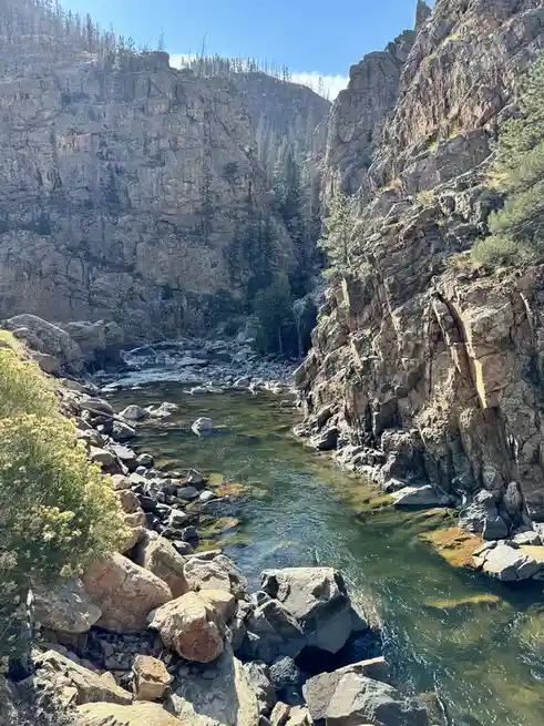 A scenic photo of a river flowing through a narrow canyon with steep, rocky cliffs on both sides, sparse pine trees, and a…