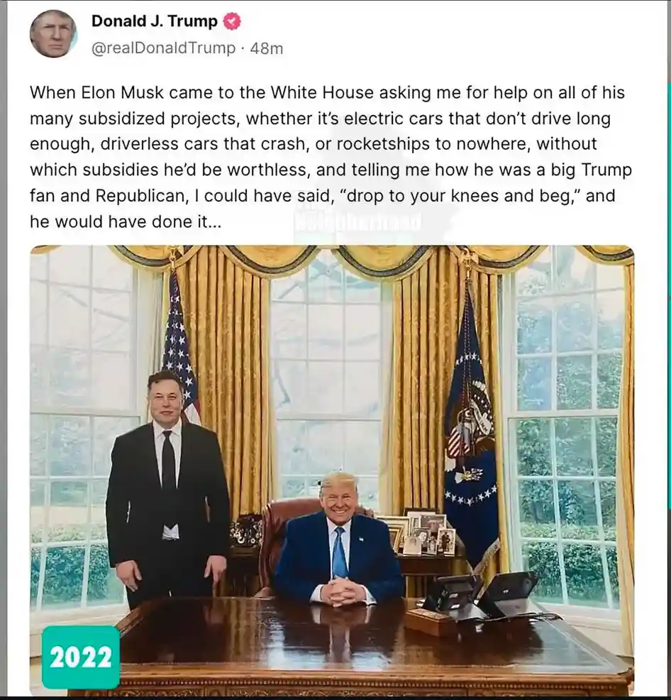 A screenshot of a tweet from Donald J. Trump's account showing a photo of Elon Musk standing beside Donald Trump seated at…