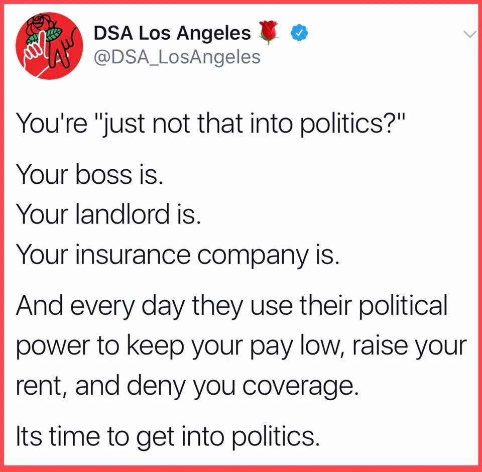 A screenshot of a tweet from DSA Los Angeles with a red rose and fist logo, stating that if you're told you're not into…