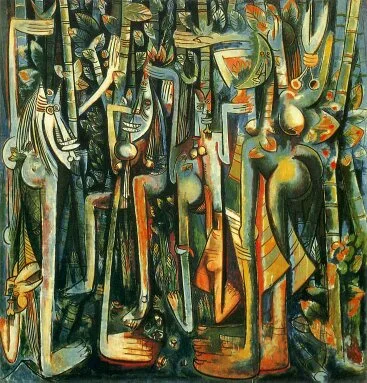this image shows a painting with abstract, distorted human-like figures in a chaotic composition, featuring elongated limbs…