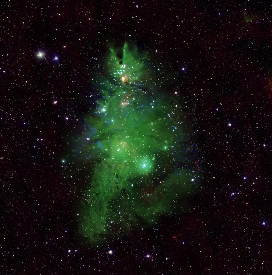 a cosmic image of a green nebula resembling a christmas tree, surrounded by stars, with the text 'happy holidays from the…