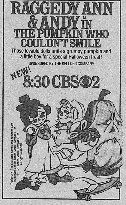 A vintage black-and-white TV advertisement for the 1979 animated special 'Raggedy Ann & Andy in The Pumpkin Who Couldn't…