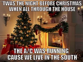 A warmly lit, decorated Christmas scene with a lit fireplace, a decorated tree, and garlands. Overlaid text reads 'TWAS THE…