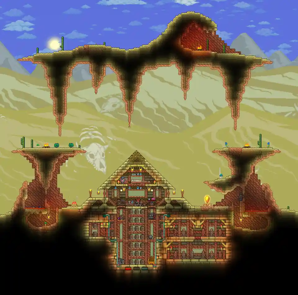 this is a screenshot of a player's base in the game terraria, showing a large, multi-level underground structure with…
