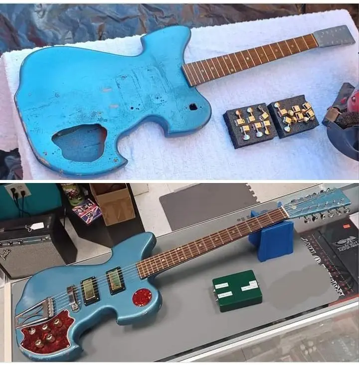 The image is a two-panel before-and-after showing a guitar restoration. The top panel displays a stripped, blue-painted…