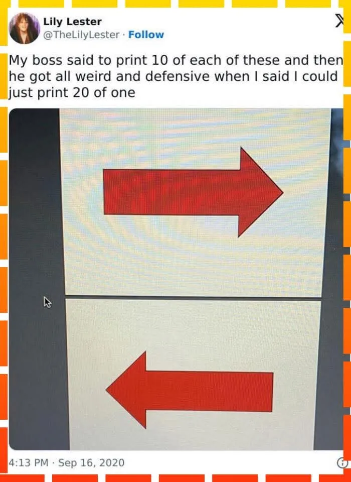 A screenshot of a tweet by Lily Lester showing a computer screen with two large red arrows, one pointing right and one…
