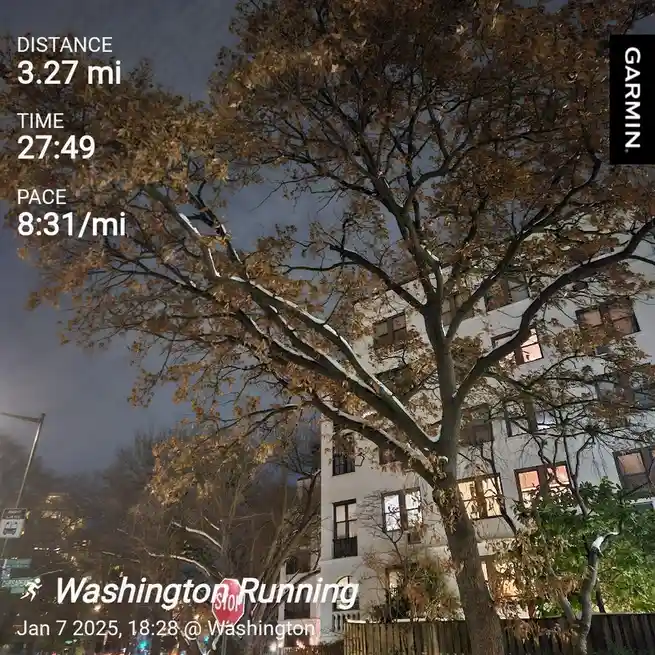 A nighttime running GPS screenshot from a Garmin device shows a 3.27-mile run completed in 27 minutes and 49 seconds with a…