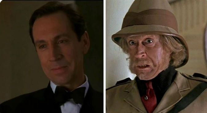 The image is a split-screen showing two men: on the left, a man in a black tuxedo with a bow tie, looking calm and composed…