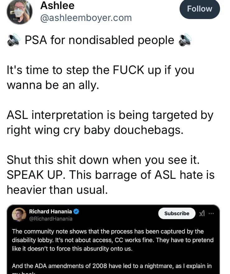 A screenshot of a tweet by Ashlee (@ashleemboyer.com) calling on non-disabled people to actively oppose attacks on ASL…