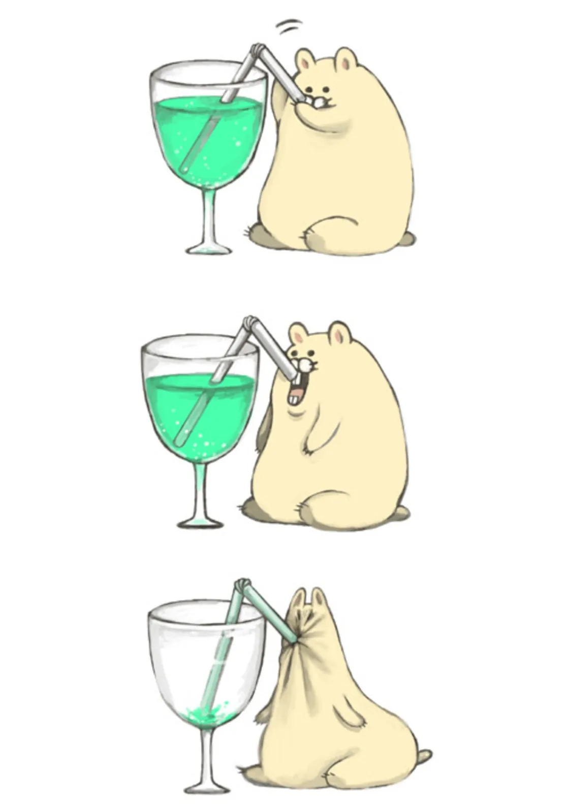 A three-panel cartoon shows a chubby, cream-colored hamster drinking from a wine glass with a straw. In the first panel, the…
