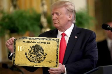 Former U.S. President Donald Trump holds a large, ornate golden plaque featuring the Mexican coat of arms and the text…