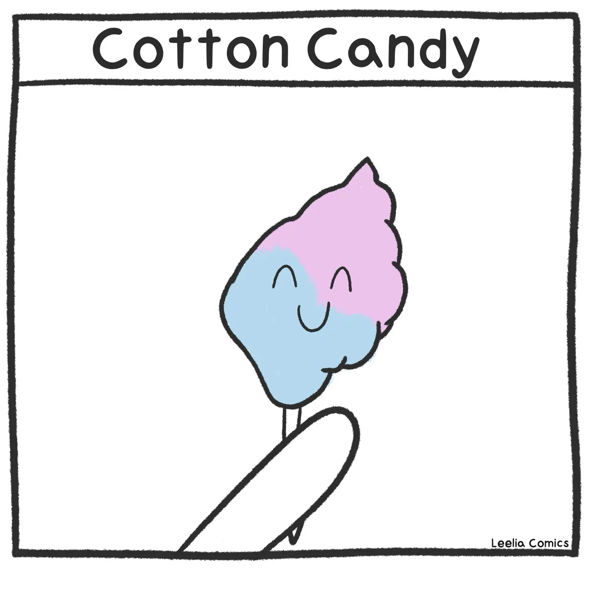 A simple cartoon drawing shows a smiling, two-toned cotton candy (half pink, half blue) on a stick, held by a hand at the…