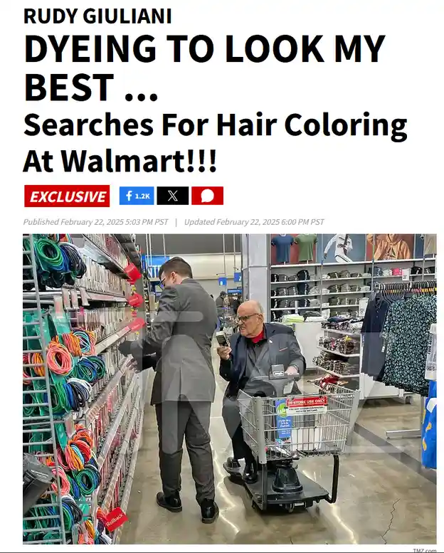 An older man, identified as Rudy Giuliani, sits in a Walmart shopping cart while browsing hair dye products on a store…