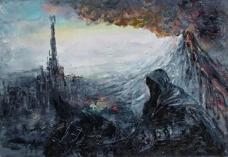 A dark, painterly image depicts a hooded figure sitting beside a horse in a desolate, war-torn landscape with a smoking…