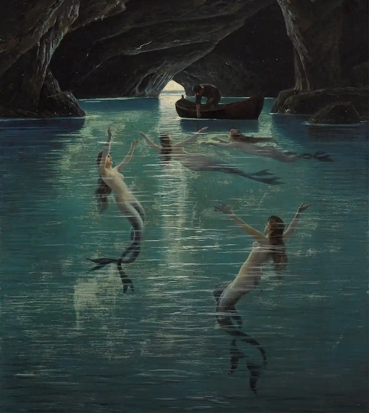 A classical painting depicts four mermaids with human upper bodies and fish tails swimming in turquoise water inside a dark…