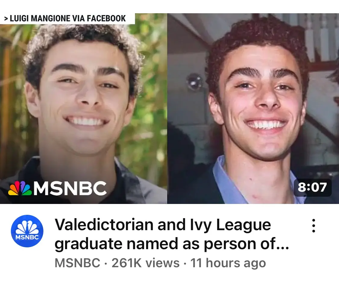 The image displays a split-screen of the same young man, Luigi Mangione, smiling in two different photos. The left side…