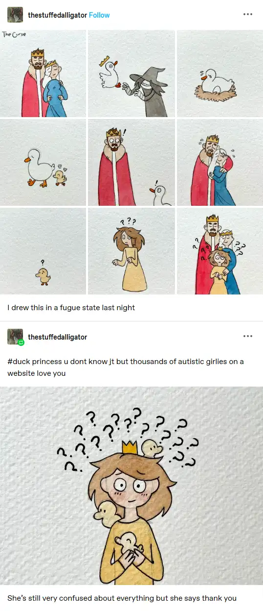 A comic strip depicts a king and queen, a witch turning a swan into a duck, and a duckling hatching. The princess is shown…