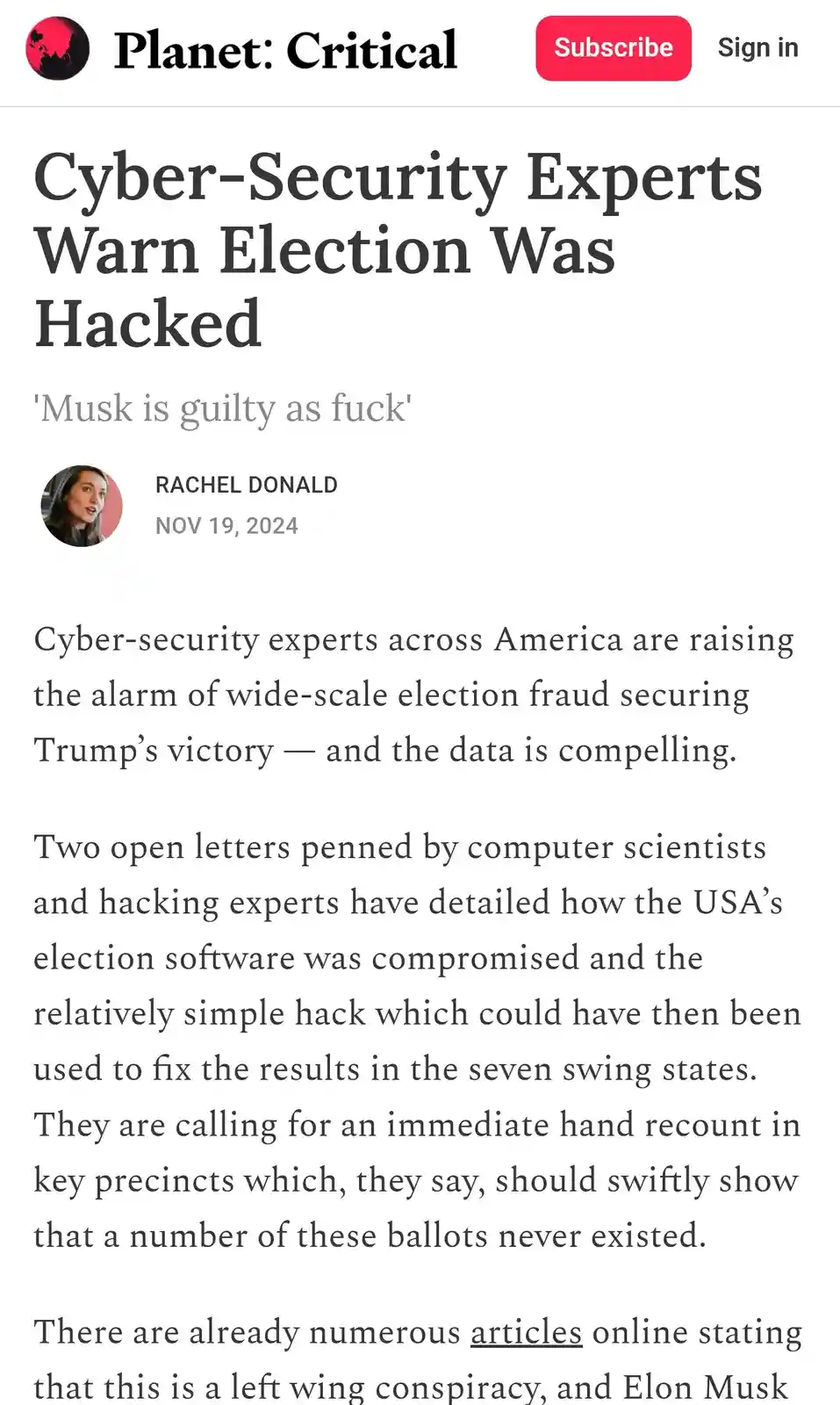 A screenshot of a fake news article from 'Planet: Critical' dated Nov 19, 2024, with the headline 'Cyber-Security Experts…