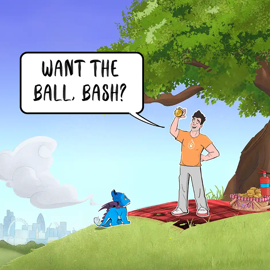 A cartoon man in an orange shirt stands on a red picnic blanket under a tree, holding a golden ball and smiling, with a…