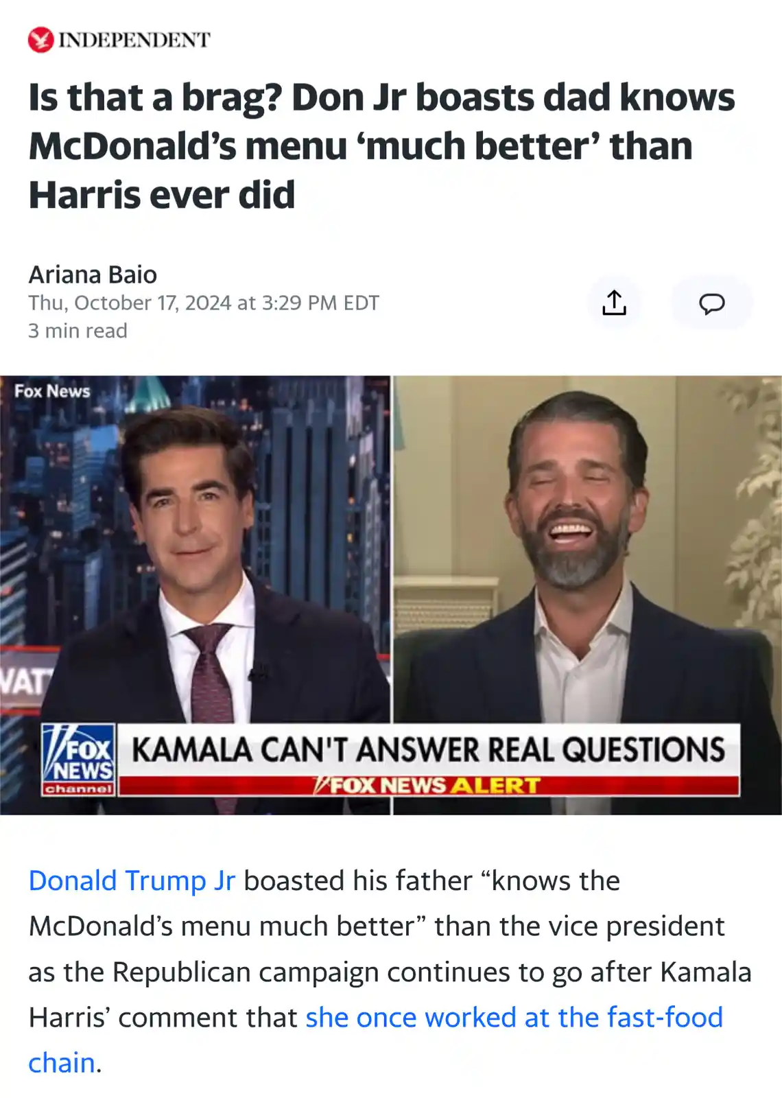 A split-screen Fox News broadcast shows a news anchor on the left and Donald Trump Jr. laughing on the right. A news banner…