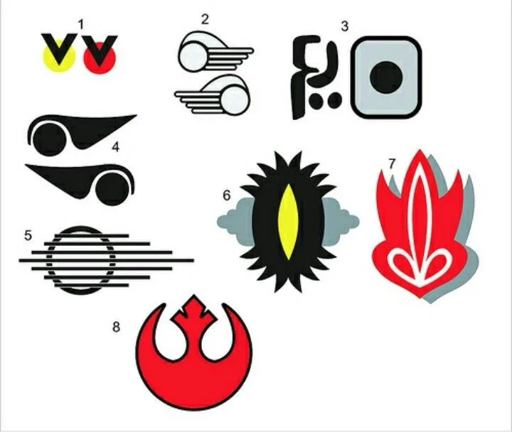 An image displays eight numbered abstract or stylized logos against a white background. Number 1 shows two 'V' shapes with…