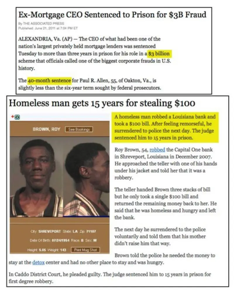 Why Does a Hungry Homeless Man Get a Harsh Sentence Compared to a White-Collar Criminal? Snopes Confirms: It's True!