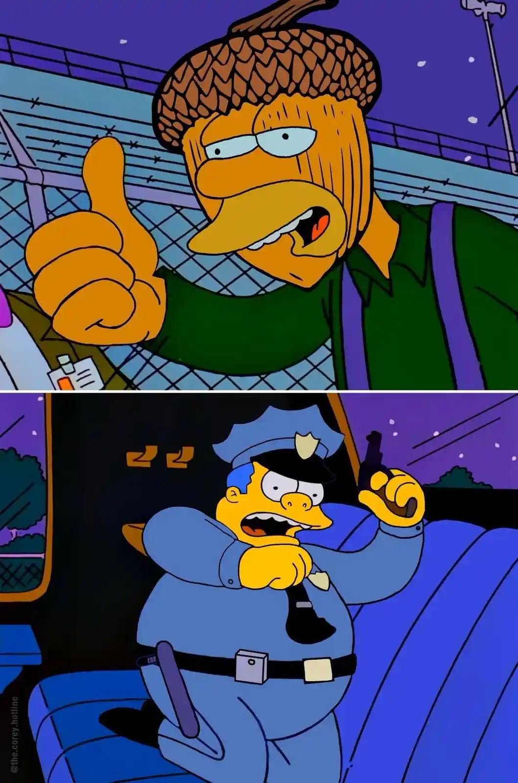 The top panel shows a cartoon man with an acorn on his head giving a thumbs-up while wearing a green jacket and scarf. The…