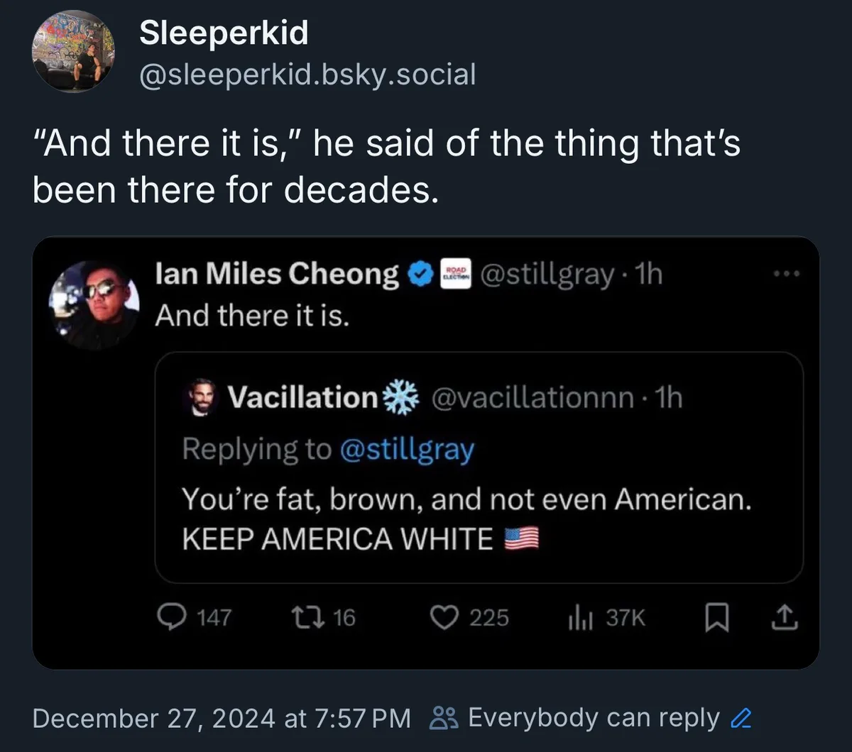 A screenshot of a social media post by 'Sleeperkid' showing a reply thread. Ian Miles Cheong tweets 'And there it is.' in…