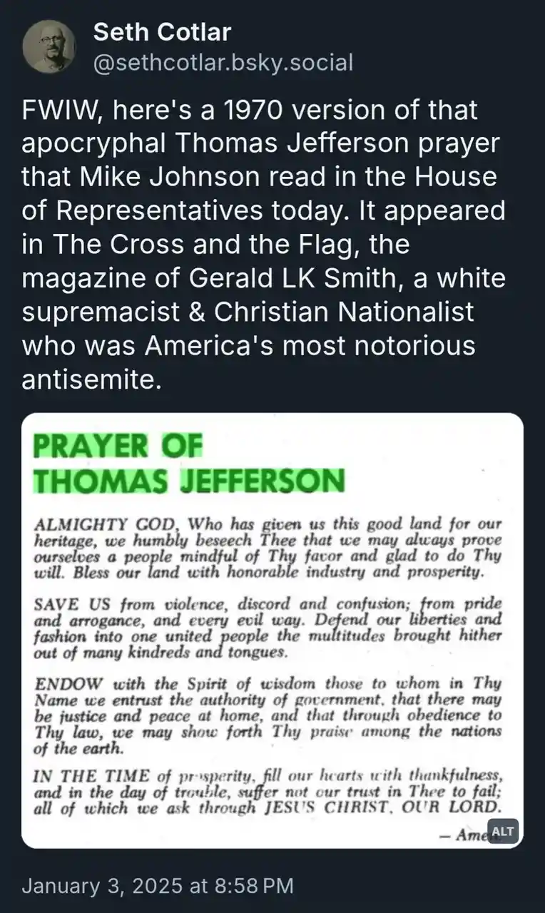 The image displays a screenshot of a social media post by Seth Cotlar, which includes a scanned document titled 'PRAYER OF…