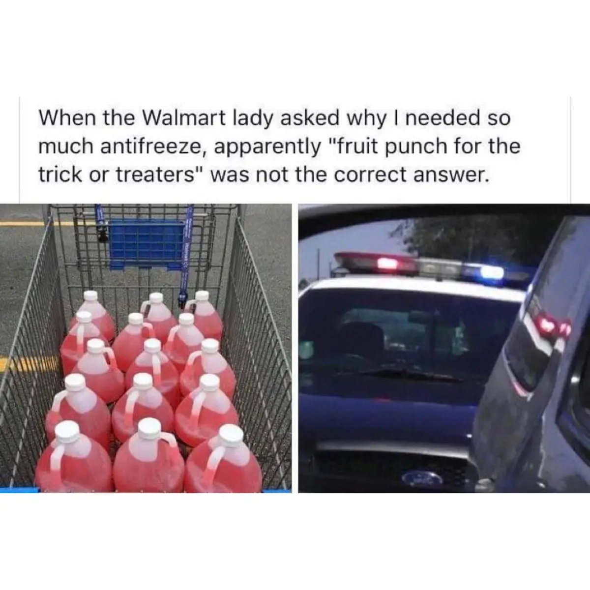 The image is split into two panels. The left panel shows a Walmart shopping cart filled with numerous large, one-gallon jugs…