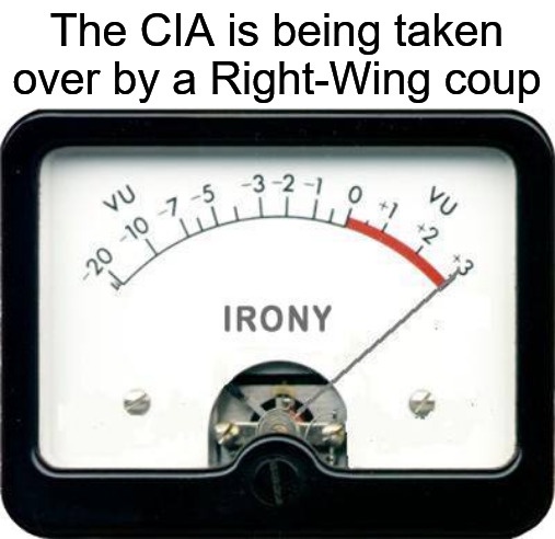 An image of a vintage VU meter labeled 'IRONy' with its needle pointing to the far right at '+3', indicating maximum irony…