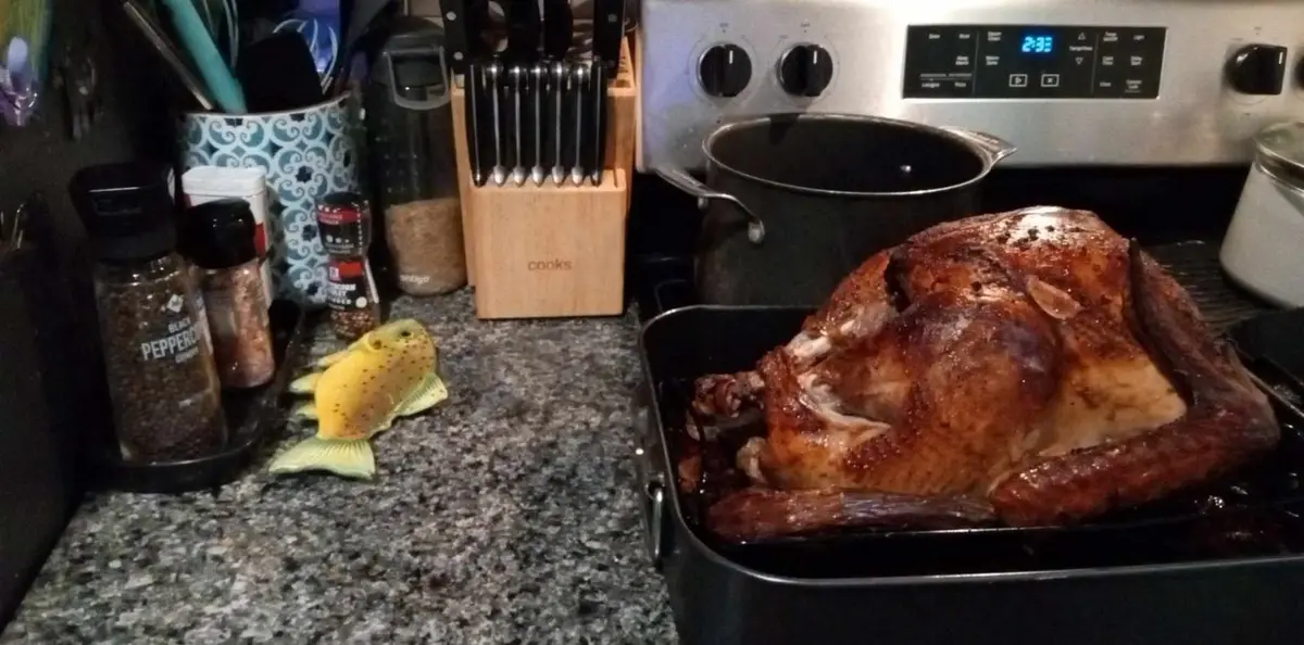 A roasted turkey sits in a roasting pan on a stovetop, next to a countertop with spices and a knife block. A small yellow…