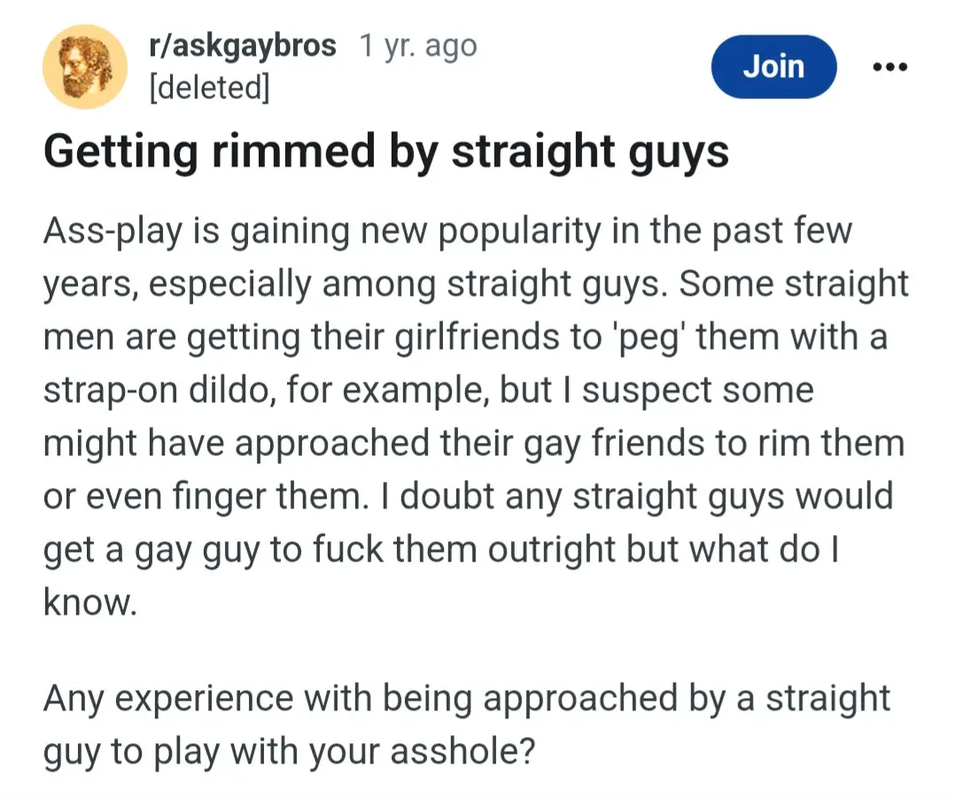 A screenshot of a Reddit post from r/askgaybros, where a user asks about experiences with straight men approaching gay men…