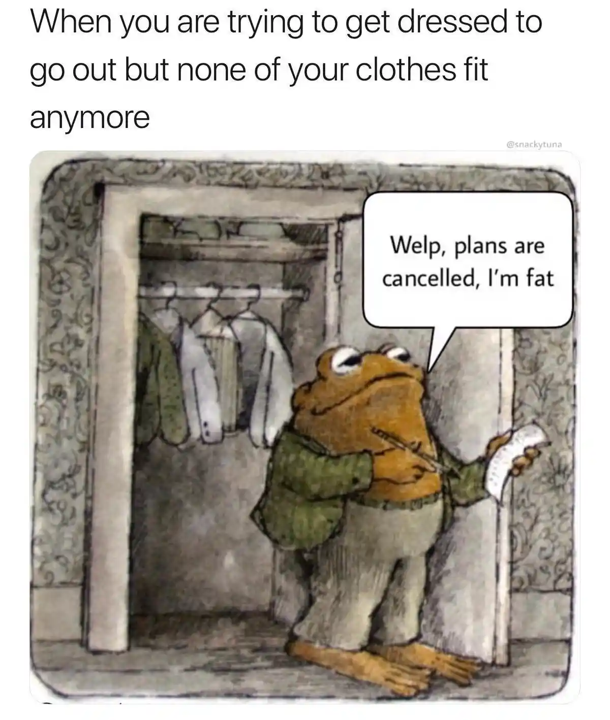 A cartoon frog stands in front of an open closet, looking at his clothes with a defeated expression. He holds a measuring…