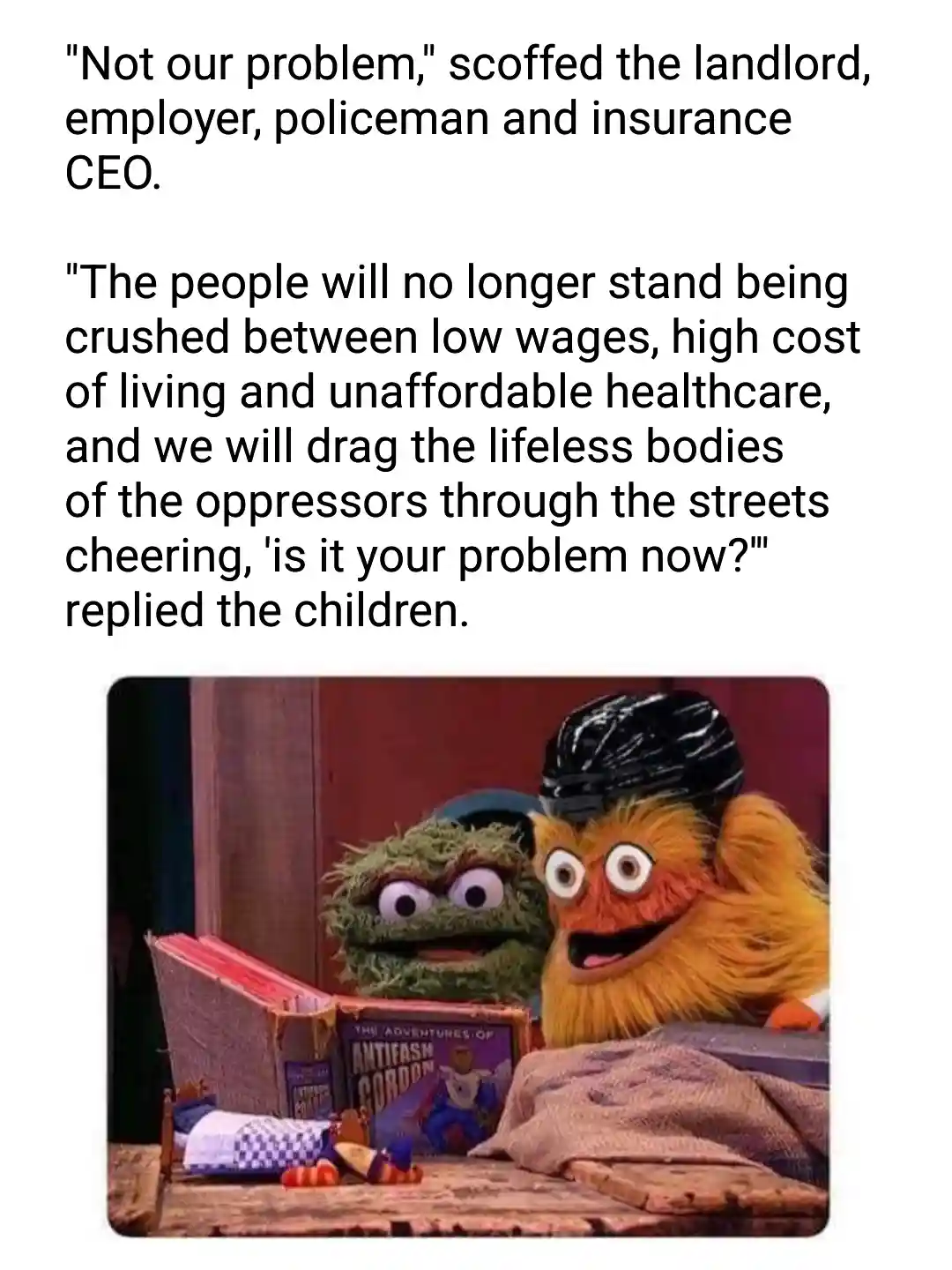The image shows two Muppet characters, a green one and an orange one, sitting on a bed with a book titled 'The Adventures of…