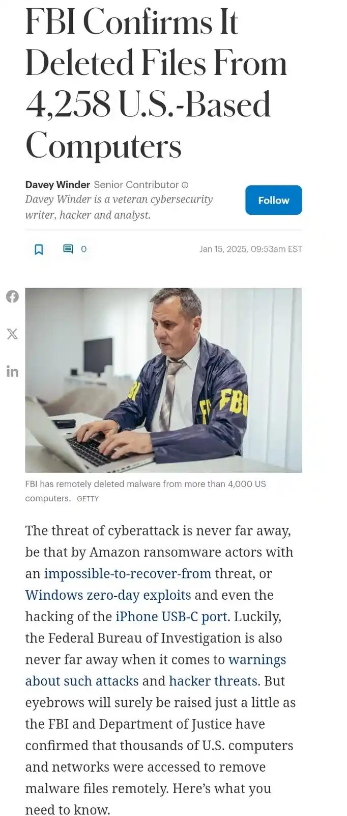 FBI Admits to Deleting Files from Over 4,000 U.S. Computers