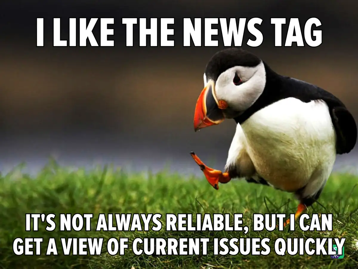 A puffin stands on green grass with a blurred background, looking down with one foot lifted. The text says 'I LIKE THE NEWS…