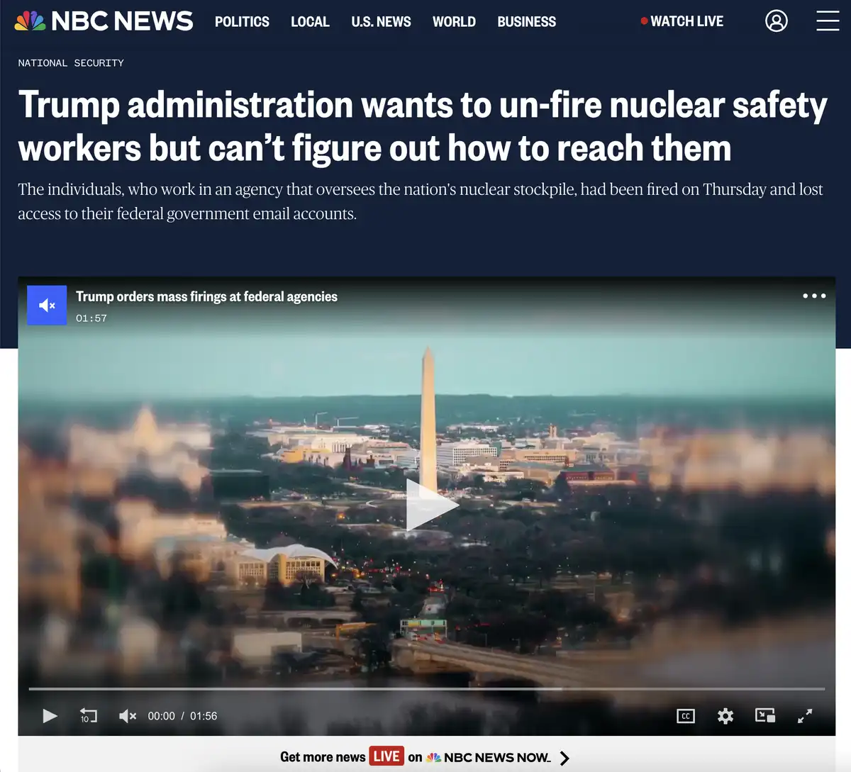 An NBC News webpage screenshot shows a headline about the Trump administration wanting to 'un-fire' nuclear safety workers…