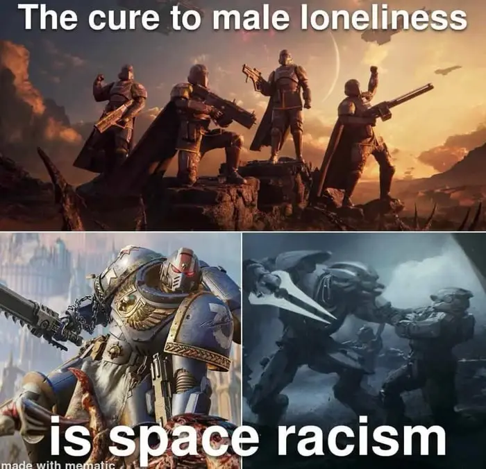 The image is a two-panel meme. The top panel shows four armored, helmeted male figures standing heroically on rocky terrain…