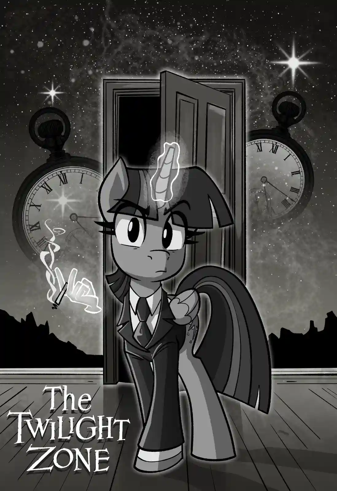A black-and-white image features a pony in a suit standing in a doorway, surrounded by pocket watches and a starry sky. The…
