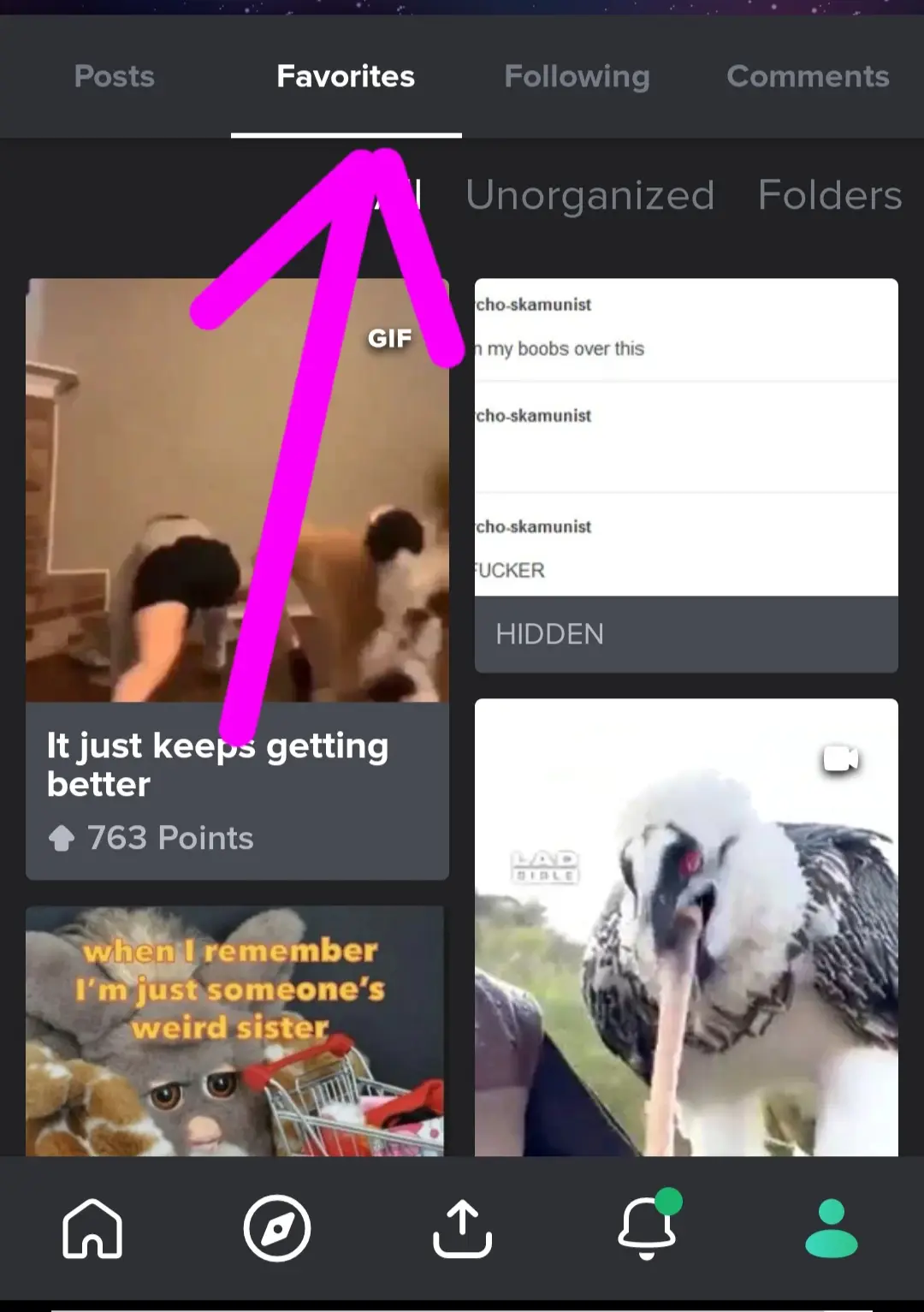 A screenshot of a social media app's 'Favorites' tab shows a large pink arrow pointing to the 'Unorganized' folder. Below…