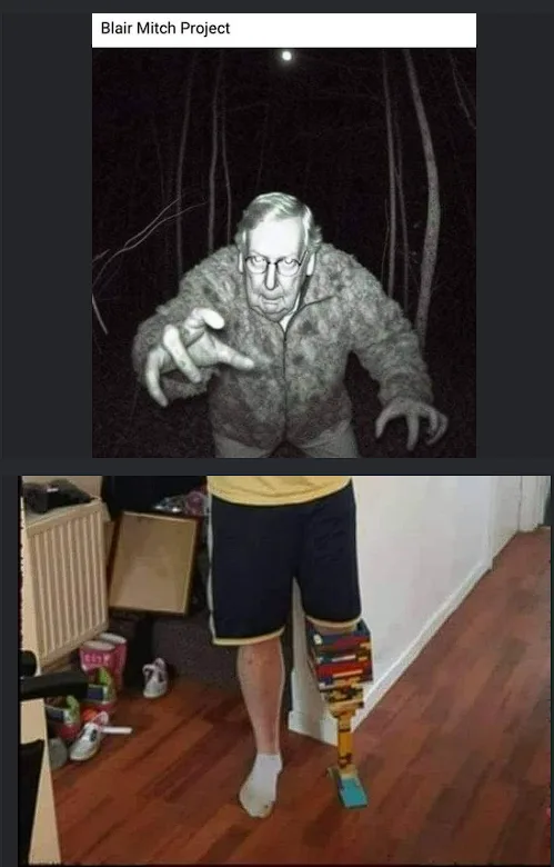 The top panel shows a grainy, black-and-white image of an older man in a furry jacket, pointing menacingly in a dark forest…