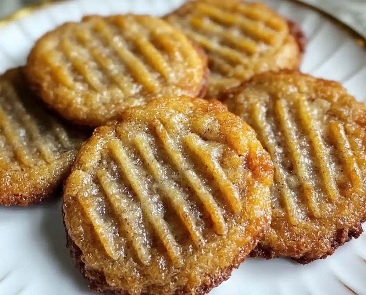 A close-up photo shows several golden-brown, round, ridged baked goods on a white plate with a gold rim. The items have a…