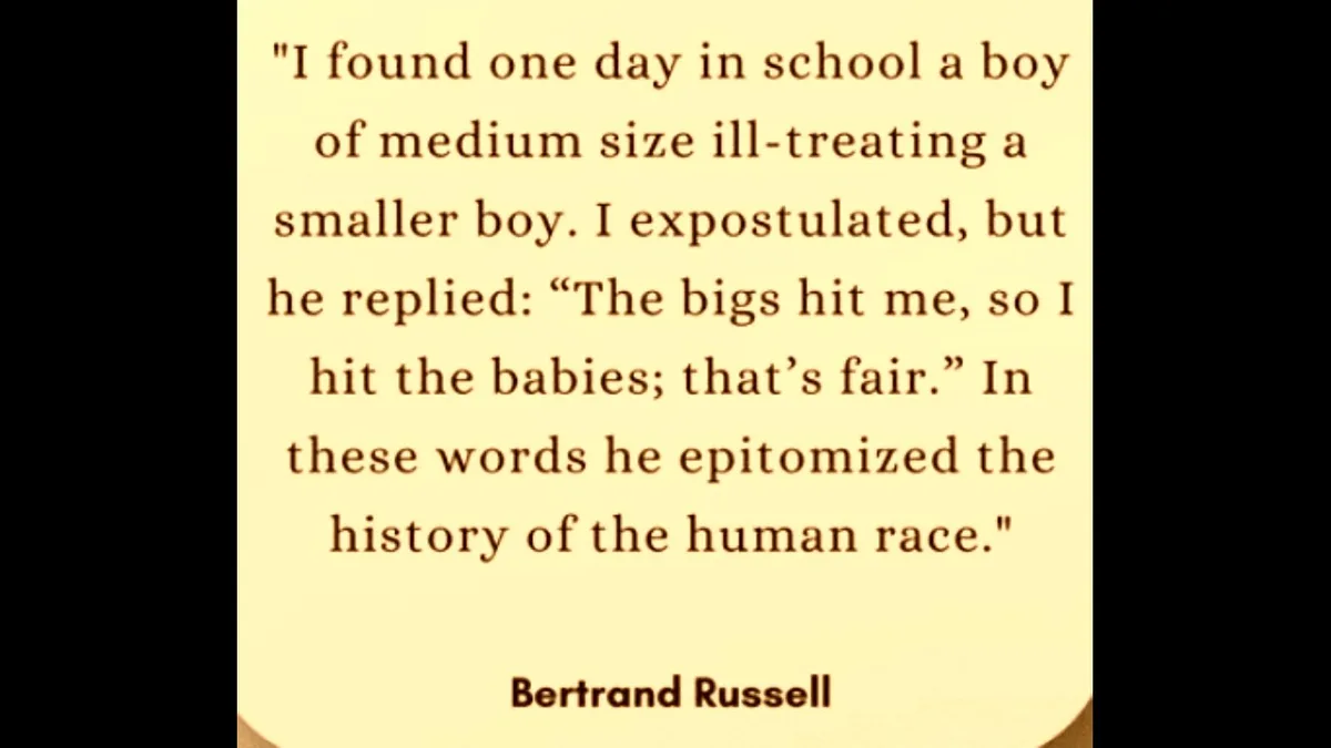 A pale yellow background displays a quote in dark brown serif font attributed to Bertrand Russell. The quote describes a boy…