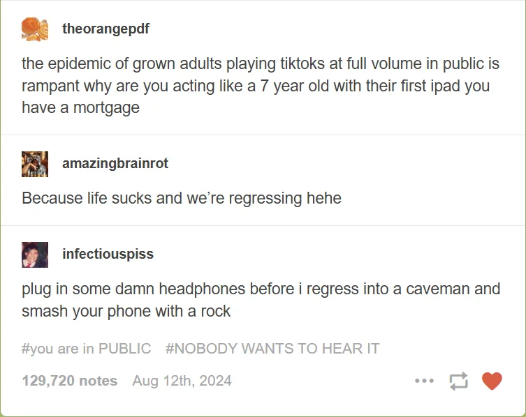A screenshot of a Tumblr thread showing three users commenting on the annoyance of adults playing TikTok at full volume in…