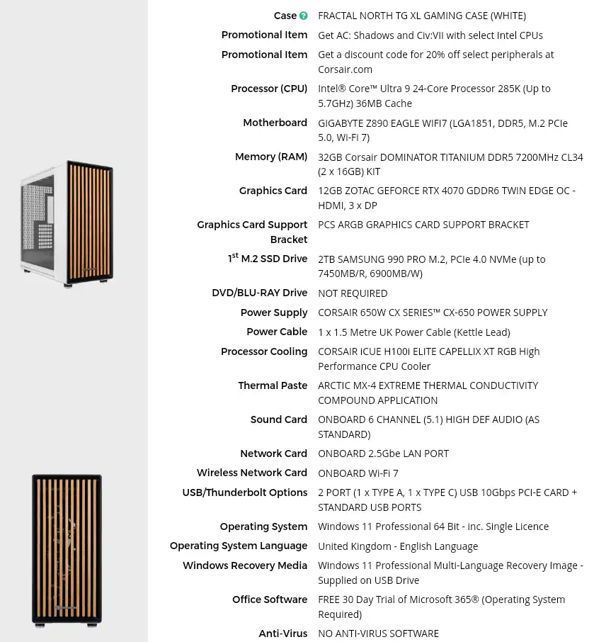 An image of a high-end PC build listing components like CPU, GPU, RAM, and case, with the final item at the bottom reading…
