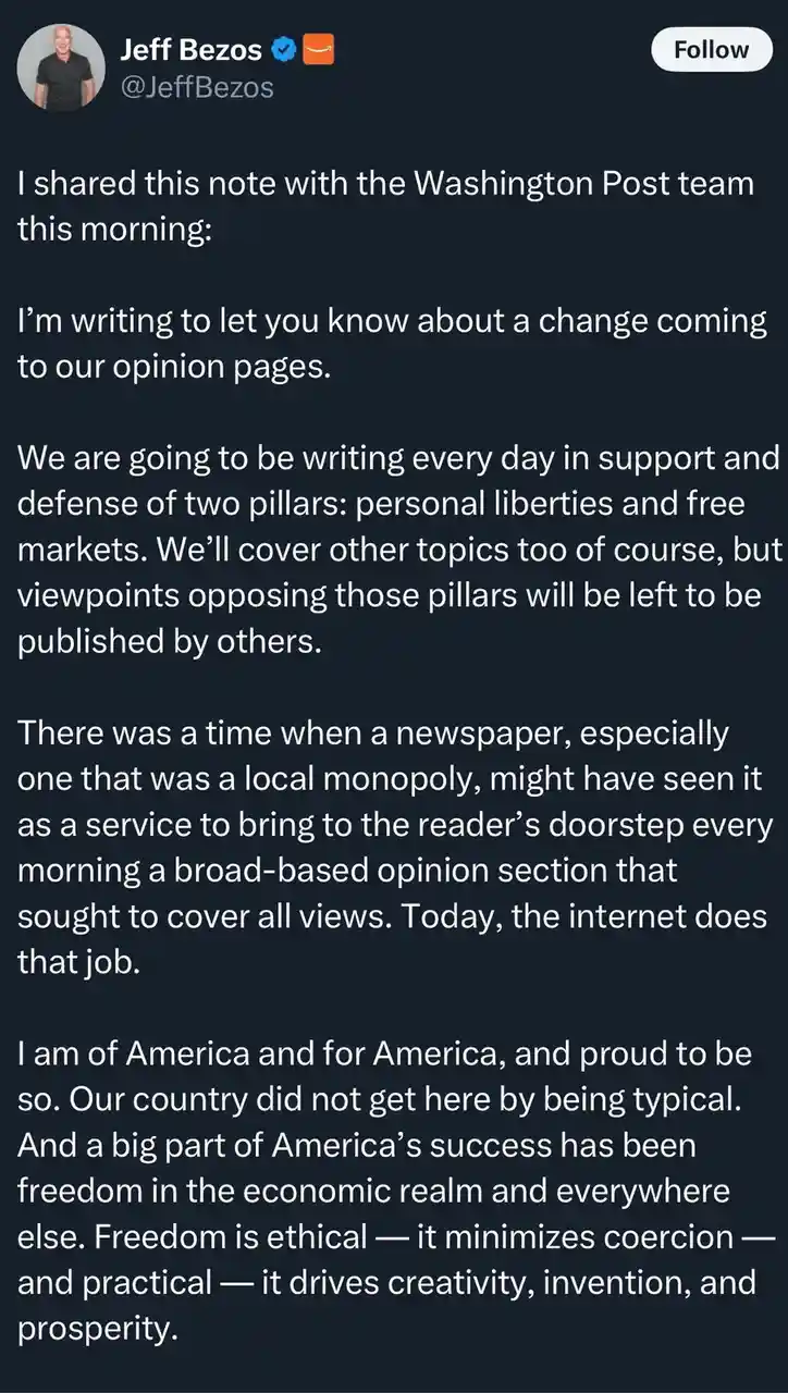 A screenshot of a tweet from Jeff Bezos's verified Twitter account, showing a long-form message he shared with the…